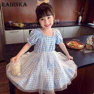 Radinka2025夏新款女童兒童洋氣格子網(wǎng)紗連衣裙小女孩公主裙甜美裙子X(jué)QL 藍色 140 (130-140CM)