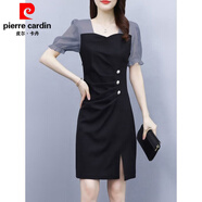 皮爾卡丹雪紡連衣裙女夏季2025新款開(kāi)叉短袖時(shí)尚修身顯瘦假兩件包臀裙子女 灰色 M (90-105斤)