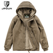 JP 冬季男裝連帽棉服厚款棉衣羊羔絨棉襖保暖外套1883 卡其色 M(適合110斤-125斤)