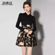 海青藍(lán)赫本風(fēng)黑色提花連衣裙女2024春秋新款小個(gè)子收腰顯瘦a字裙假兩件 黑色 M