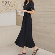 百洛安氣質(zhì)V領(lǐng)連衣裙女2024夏季新款高腰系帶a字裙大擺裙長裙子 黑色 S