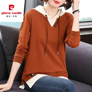 皮爾卡丹衛衣女假兩件春秋薄款2025新款連帽中長(cháng)款長(cháng)袖t恤大d碼打底上衣女 深橘色 3XL 【建議140-160斤】
