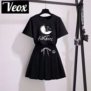 VEOX套裝女兩件套2025年新款裙子學(xué)生韓版夏季時(shí)尚印花套裝短裙+T恤女 黑色羽毛上衣+黑色裙子_ 3XL