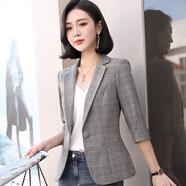 櫻芭妮格子小西裝外套女2025春秋新款修身顯瘦小個(gè)子休閑小西服長袖上衣 8613綠格七分袖 4XL （138-147斤）