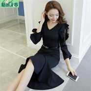 艾妃琳2025春秋新款有女人味氣質(zhì)雪紡中長(zhǎng)款蕾絲修身顯瘦包臀魚(yú)尾連衣裙 黑色(送腰帶) S