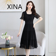 犀納（XINA）潮牌高端蕾絲裙子夏2024新款短袖中長款A(yù)字雪紡裙修身顯瘦連衣裙 黑色（優(yōu)質(zhì)版） 2XL 113-125斤