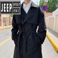 JEEP SPIRIT雙排扣風(fēng)衣外套男中長(cháng)款秋冬季胖子大碼加棉加厚韓版過(guò)膝系帶大衣 黑色 常規 M 95至115斤可穿