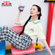 木果果木2022夏季新款修身針織翻領(lǐng)上衣女兔子印花學(xué)院風(fēng)減齡短袖 米白 M