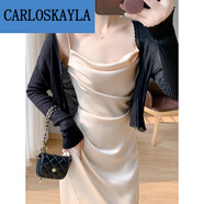 CARLOSKAYLA醋酸緞面連衣裙法式吊帶女秋季褶皺修身感氣質(zhì)名媛開叉a字 黑色開衫+香檳色吊帶連衣裙 L 100斤-115斤