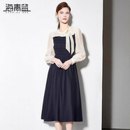 海青藍(lán)（CYANINE SEA）氣質(zhì)撞色長袖裙子2024新款秋季拼接假兩件修身牛仔連衣裙女套裝 拼色 M