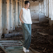 苧麻扎染做舊長(zhǎng)褲春棉麻女裝新款文藝百搭休閑褲子個(gè)性旅行燈籠褲 煙青（扎染） M (推薦身高163-170cm)