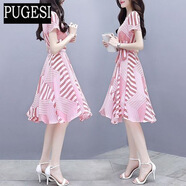 夏季新款女裝ins超火a字裙氣質(zhì)時(shí)尚圓領(lǐng)雪紡連衣裙女夏中長(cháng)款 紅條紋裙 XL