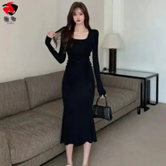 酥享早秋新款小媽裙純欲風(fēng)復古中長(cháng)款魚(yú)尾連衣裙女方領(lǐng)包臀裙緊身 黑色 S