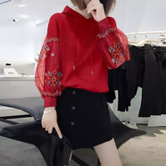 桑蒲歐洲站春裝2023年新款歐貨韓版寬松衛(wèi)衣女時(shí)尚刺繡燈籠袖上衣紅色 紅色 不加絨 XL 115-125