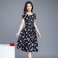 索宛亦（SUOWANYI）2021夏季新款碎花棉綢短袖連衣裙女中長款收腰修身顯瘦人造棉裙 櫻花藏青色 XL 建議(90斤-115斤)