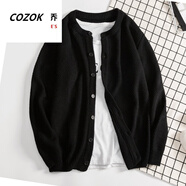 CINESSD  韓版秋季男士針織衫開(kāi)衫純色毛衣外套青少年日系復古大碼線(xiàn)衫 黑色 M