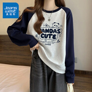 真維斯（JEANSWEST）衛(wèi)衣女裝圓領插肩撞色長袖春秋季新款小個子學生休閑寬松上衣服女 藏青 線條熊貓 L