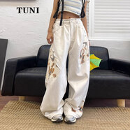 途尼蕾絲拼接牛仔褲女2024新款寬松bf美式潮牌復(fù)古闊腿長褲 白色 L