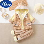 迪士尼（Disney）男女寶寶衣服秋冬裝嬰兒春款薄棉衣01-2周歲新生兒外穿馬甲三件套 小熊咖啡 馬甲三件套 80(7-12個月)