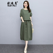 歐迪惠法式連衣裙女裝2026年夏季新款短袖上衣洋氣休閑時(shí)尚亞麻裙子夏天 綠色 XL