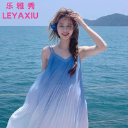 樂雅秀薄荷曼波女裝沙灘裙法式海邊度假漸變藍吊帶拍照長款遮肉海浪清新 主圖款 XL 135-145斤