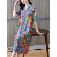 【特價(jià)撿漏】高檔輕奢品牌民族風(fēng)洋氣真絲印花連衣裙2022夏季新款抖音桑蠶絲媽1媽中長(cháng)裙花色 M90-105斤