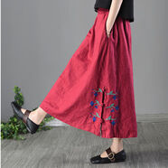 Lauaird棉麻半身裙女2024夏裝文藝民族風(fēng)復古亞麻刺繡寬松A字裙長(cháng)裙 紅色 2XL建議160190斤