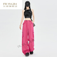 FR.YH.ZHsimple簡(jiǎn)粉色工裝褲夏季高腰闊腿直筒休閑設計感速干美式運動(dòng)褲 玫紅色 XL 【建議171-178cm穿】