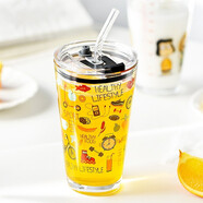 盛櫻 可愛玻璃杯子喝水ins風刻度夏早餐牛奶水杯吸管玻璃杯玻璃吸管杯 涂鴉（配玻璃吸管）450ml