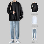 主意范胖子大碼重磅解構(gòu)衛(wèi)衣男春秋圓領(lǐng)套頭打底衫字母寬松外套男潮 黑色三件套 5XL (195) 205-240斤