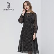 名師路波點(diǎn)連衣裙高腰顯瘦長(cháng)袖春秋裝新款連衣裙收腰花色氣質(zhì)雪紡裙女 黑底白點(diǎn)90 M