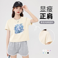 真維斯圓領(lǐng)寬松純棉短袖t恤女春秋季新款短款小個(gè)子休閑t恤長(cháng)袖上衣服GX 杏-淺藍油畫(huà) M 【100%純棉】