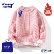 WASSUP HERMU潮牌聯(lián)名純色毛衣男女春秋季圓領(lǐng)打底針織衫保暖寬松情侶大碼上衣 加絨款-18粉色 XL（推薦125-140斤）