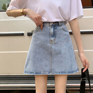 杭馨咚胖妹妹mm200斤高腰牛仔短裙女寬松a字裙顯瘦百搭大碼包臀半身裙子 01藍色 2XL 建議130-145斤