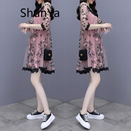 shunya潮牌網(wǎng)紗蕾絲連衣裙女夏裝新款寬松遮肚子顯瘦a字裙輕奢減齡裙子 粉色 L