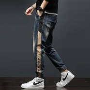 楠寧春季個(gè)性美式工裝款硬漢彈力牛仔褲男直筒大碼復古褲子潮 925深藍色(無(wú)絨款) 31 碼（125斤-135斤）