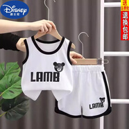 迪士尼（DISNEY）兒童夏季寶寶背心套裝男童小童洋氣兩件套嬰兒帥氣 無(wú)袖薄款衣服3 小熊背心套裝白色 【純棉】 130
