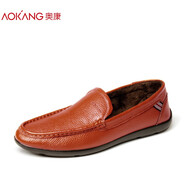 奧康（Aokang）男鞋冬季加絨保暖真皮休閑一腳蹬鞋男 黃棕166819188 38