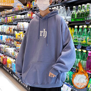 胖胖到家秋冬ins連帽衛(wèi)衣男寬松潮牌字母印花休閑帽衫大碼潮流青少年外套 W1171中灰藍(lán)加絨 XL
