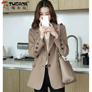 啄木鳥(niǎo)高級感西裝外套女2025春秋新款韓版寬松休閑百搭中長(cháng)款西裝上衣女 卡其色 XL 121-130斤