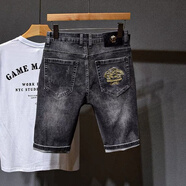 楠語秋（NANYUQIU）刺繡牛仔短褲男2021夏季新款潮牌修身直筒潮流百搭彈力五分中褲 黑灰短褲 32