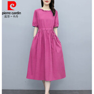 皮爾卡丹（pierre cardin）時(shí)尚減齡細(xì)棉麻連衣裙女夏季收腰顯瘦休閑中長(zhǎng)款大擺裙【有口袋】 玫紅色 XL:120-130斤