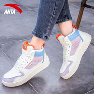 安踏女鞋板鞋高幫2025新款冬季厚底休閑鞋子旗艦運動(dòng)鞋女 燕麥白/灰紫/氫藍 36