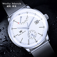welly merck威利默克手表男機(jī)械表運(yùn)動(dòng)手表商務(wù)腕表瑞士品牌生日禮物送禮 機(jī)械腕表 能量槽 銀白網(wǎng)帶