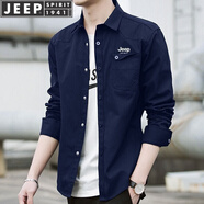 JEEP SPIRIT吉普襯衫男長袖襯衣男士工裝秋冬款休閑寬松薄外套百搭翻領上衣 藏青色 4XL (165-180斤)