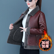 NY-EMMA  皮衣女短外套春秋冬新款機(jī)車毛領(lǐng)加絨加厚皮毛一體皮夾克上衣潮 酒紅色 2XL(建議115-135斤)