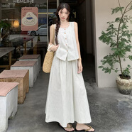 妙奕嘉連衣裙女裙子夏天女裝2025新款夏季少女感氣質(zhì)純欲白色長裙海邊 韓系灰白條紋背心半裙套裝 S 【建議100斤內(nèi)】