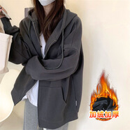 麥潮尚華棉復合銀狐絨純色春季連帽開(kāi)衫女款外套服飾春秋款2024新 深灰色【加絨】 S