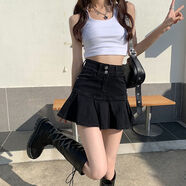 LANWEIFEILEI黑色牛仔短裙女夏季新款高腰顯瘦a字百褶包臀裙荷葉邊半身裙 黑色 帶里布內襯 S