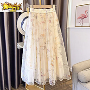 初徑2024新款雪紡顯瘦半身裙女夏季浪漫印花中長(cháng)款散花A字裙 米白色 裙長(cháng)75厘米 M 85-119斤